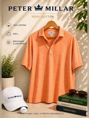 Peter Millar Orange Micro Stripe Cotton Polo Size L